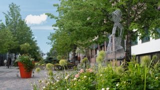 Vy över grönskande Fabriksgatan. I förgrunden blomplanteringar samt en ståltrådsskulptur som föreställer en sittande kvinna. Längre bak mera blomplanteringar samt träd som kantar gatan.