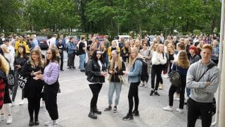 New students waiting for the start of their first day at the upper secondary school.