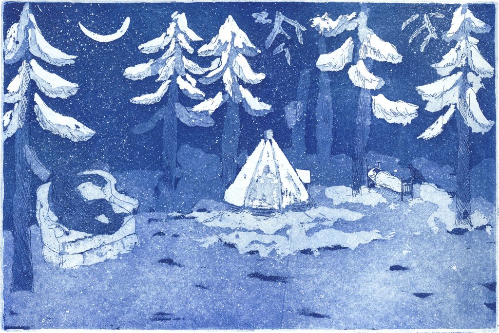Grafiikan kuva talvisesta metsästä, jossa karhu istuu nojatuolissa ja poika nukkuu sängyssä.