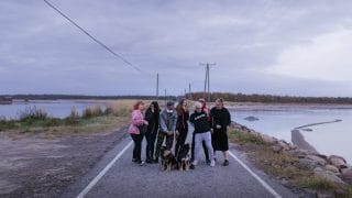 Seitsemän nuorta ja kaksi koiraa Ohtakariin johtavalla tiellä.