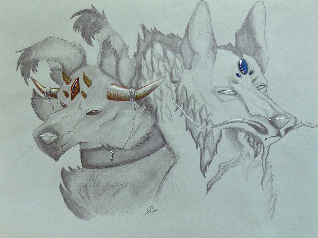 Two dogs adorned with jewel.