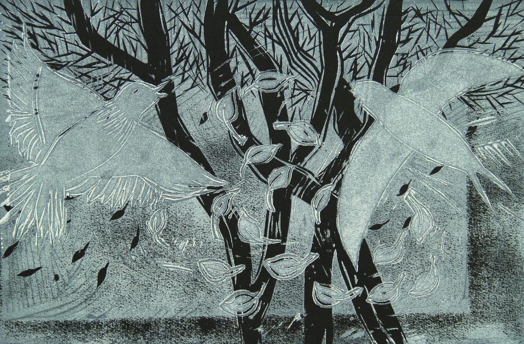 A graphic art work named as ”Rush in autumn” in which two birds are about to start their migration while leaves are falling down.