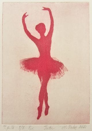 Balettitanssijaa esittävä grafiikanvedos.