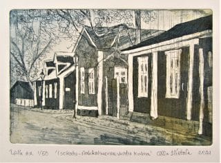 Vanhoja taloja esittävä grafiikanvedos.