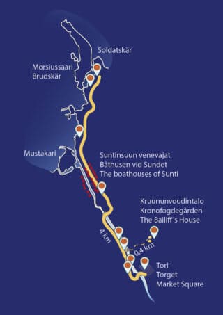 Kokkolan merellinen historia - virtuaaliopasteiden kartta. Opastus alkaa Kokkolan torilta ja kulkee Suntin rantaa kiertäen Kruunuvoudintalon kautta Soldatskäriin.