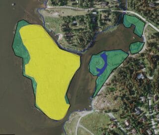 Karta över Brudskärs strandängar. På kartan har områden för betning och slåtterarbete samt maskinell slåtter avgränsats skilt.