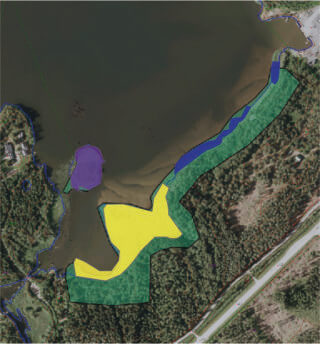 Karta över Torsöområdets strandängar. På kartan har områden för betning och slåtterarbete samt maskinell slåtter avgränsats skilt.