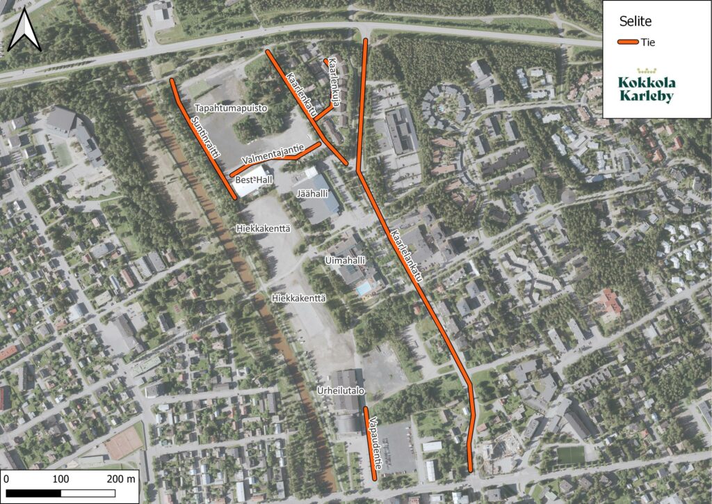 Tapahtumapuiston, jäähallin, uimahallin, urheilutalon, hiekkakenttien ja lähiteiden sijainnit kartalla