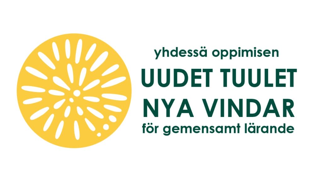 Hankkeen logo, jossa keltainen ympyrä, jonka sisällä valkoisia pisaroita. Kuvion oikealla puolella lukee teksti vihreillä kirjaimilla Yhdessä oppimisen uudet tuulet Nya vindar för gemensamt lärande