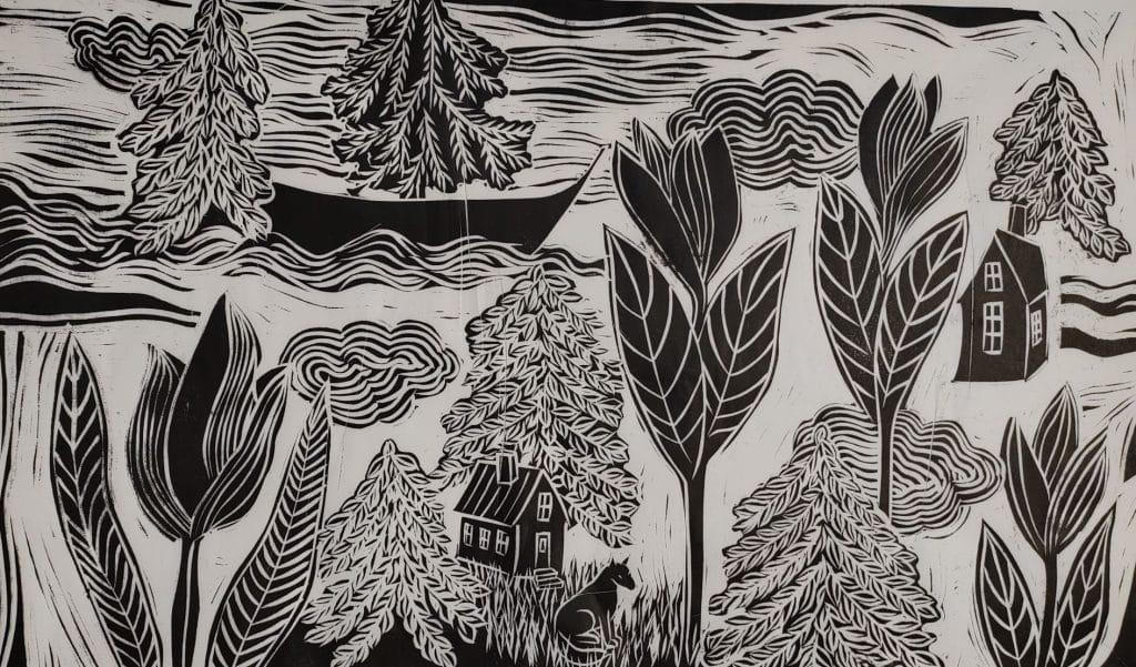 Black and white graphic artwork with waves, clouds, plants, trees, etc.