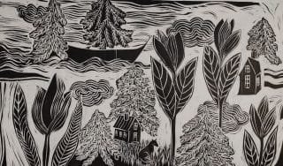 Black and white graphic artwork with waves, clouds, plants, trees, etc.