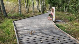 Stigen breder jämt ut sig. I stigens kant finns en konstruktion med en ruta för teaterföreställningar. Framför konstruktionen på plankleden finns en ca 20 centimeter bred och 5 centimeter hög upphöjning. 