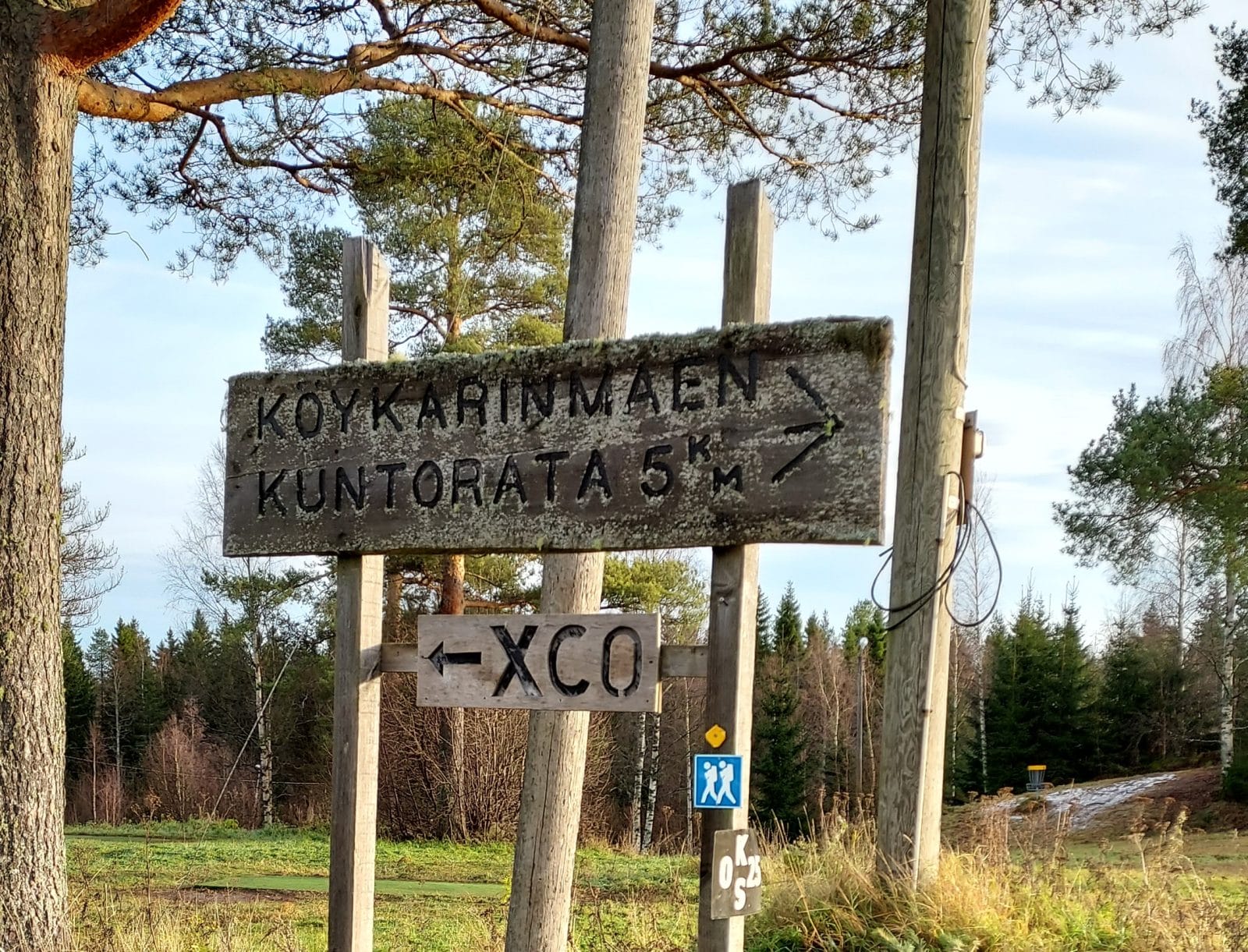 Harmaantunut kyltti, jossa teksti Köykärinmäen kuntorata 5 km. Taustalla mäntyjä.