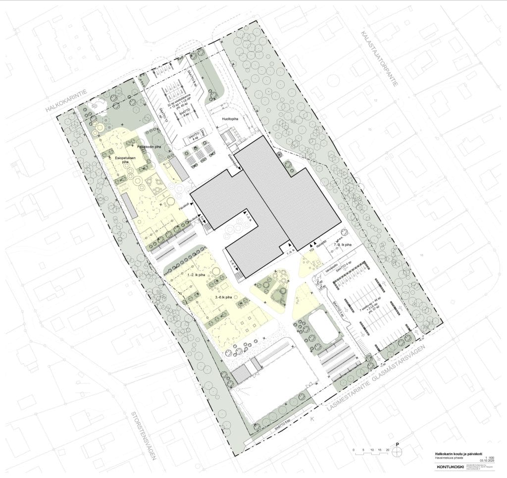 Havainnekuva, joka kertoo miten uusi rakennus sijoittuu tontille