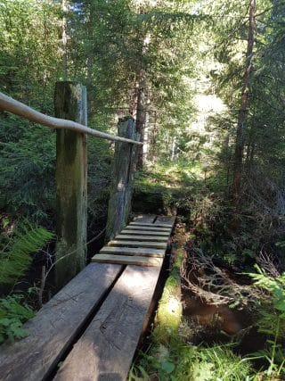 Polulla kulkeva puinen silta, jossa kaide vasemmalla puolella.