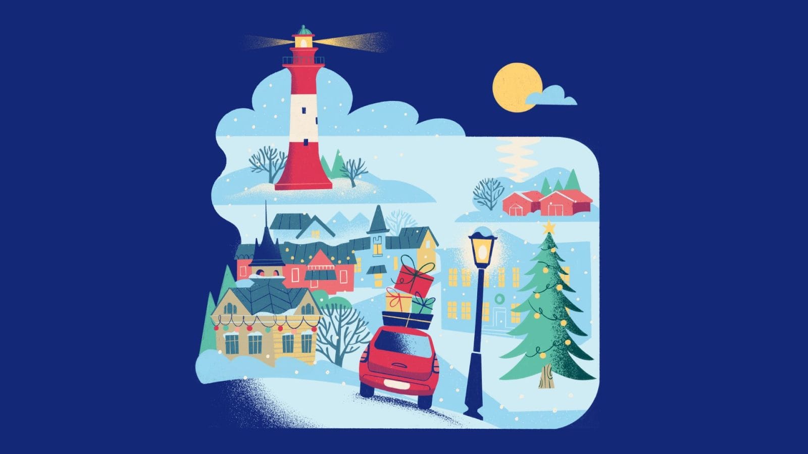 Piirretty jouluinen kuva, jossa tunnettuja rakennuskia ja kohteita Kokkolasta