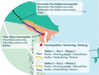 During phase 1 of the improvement works access to the Rummelö-Harrinniemi nature trail is redirected to the path along the section of the trail that faces the sea. 