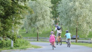 En man och två barn cyklar längs somriga Sundet. Mannen cyklar före med en ryggsäck på ryggen och barnen följer efter honom. Alla har cykelhjälmar på sig och flickan närmast kameran har en ljusröd, randig klänning. Mannen och det andra barnet har shorts och t-skjorta. Runt cyklisterna finns rikligt med lummiga lövträd och på andra sidan Sundet syns en parkbänk i bakgrunden.