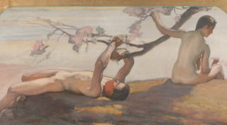 Öljyvärimaalaus, jossa alaston nuori mies lepää ja alaston nainen istuu häneen selin. Henkilöt ovat puun katveessa, omiin ajatuksiinsa syventyneinä.