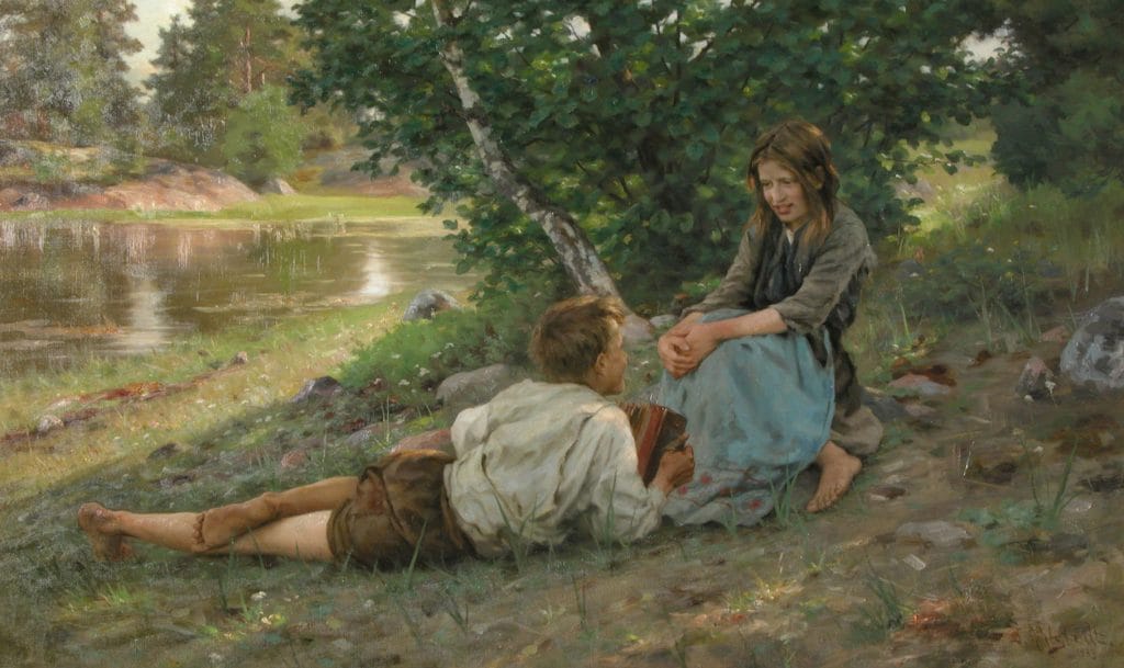 Ahlstedts oljemålning av en flicka och en pojke vid en sjöstrand