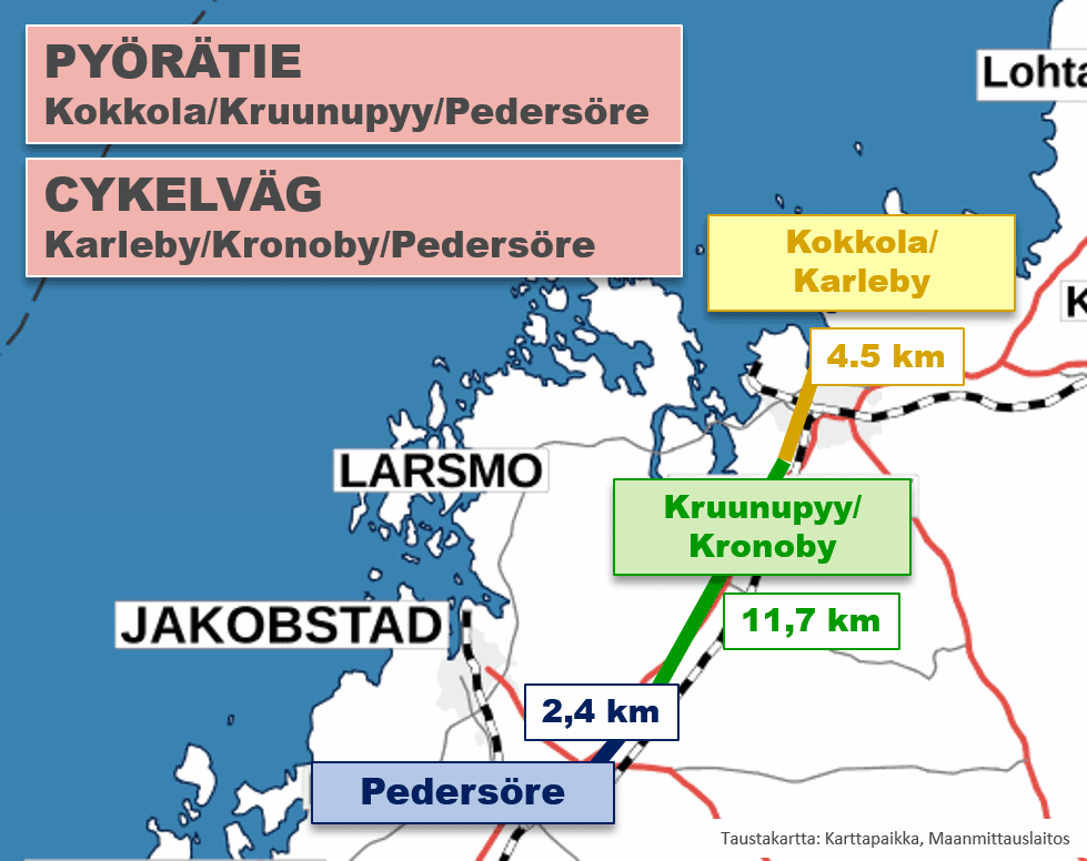 Suunnitelman mukainen pyörätie merkittynä karttapohjalle Kokkolasta Kruunupyyn kautta Pedesöreen.