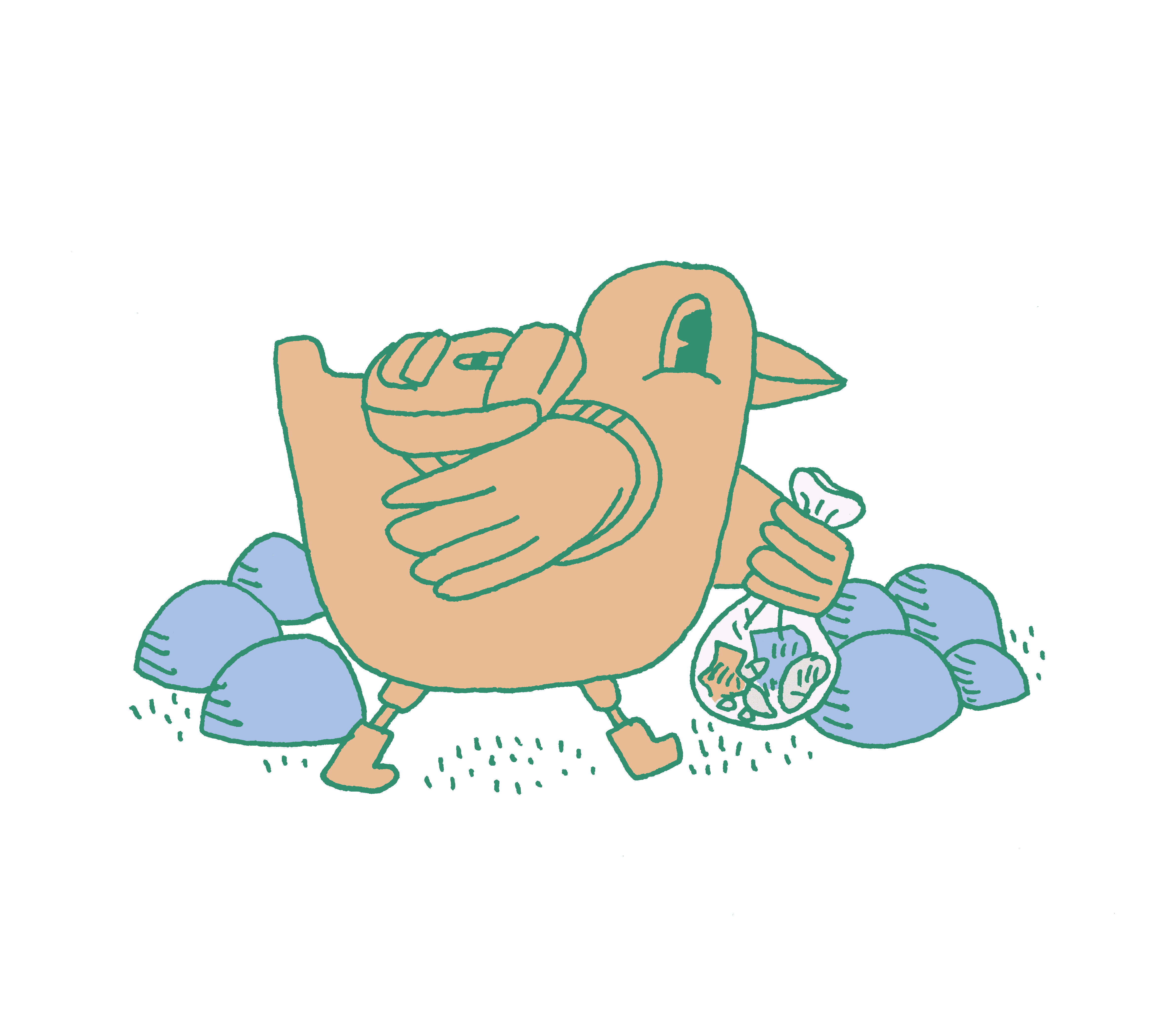 Piirros, jossa Kokko-Lokki kantaa roskapussia kivisessä maastossa reppu selässään.