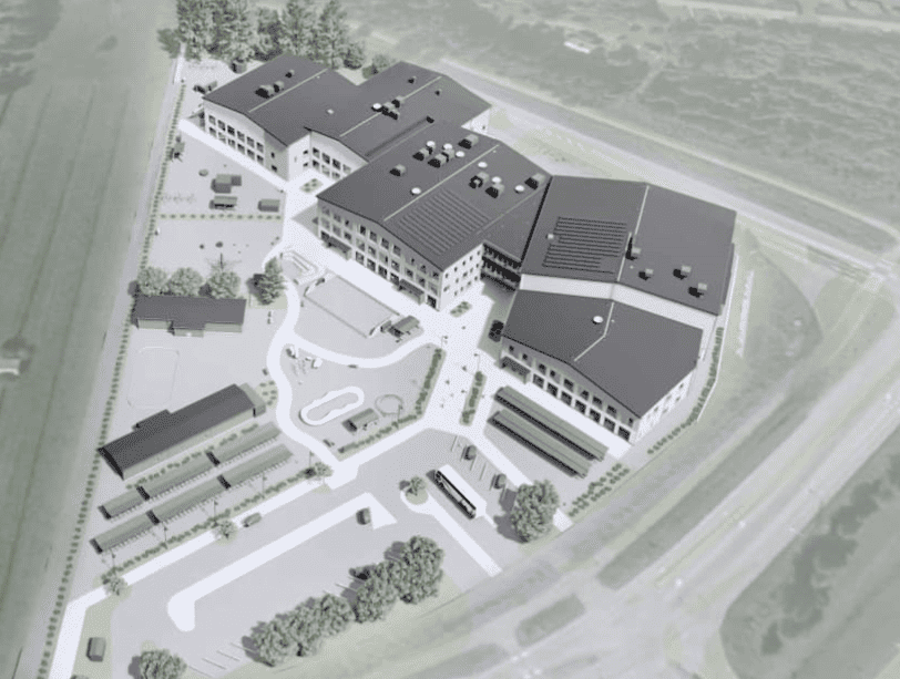 Yleiskuva Piispanmäen koulun ja päiväkodin rakennuksesta ja piha-alueesta